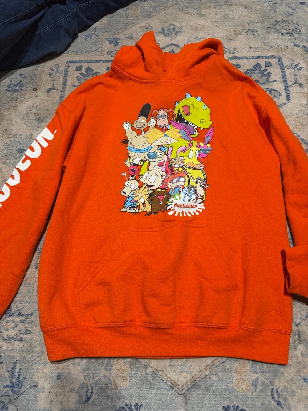 Nickelodeon Orange Crewneck Hoodie with Classic Cartoon Collage